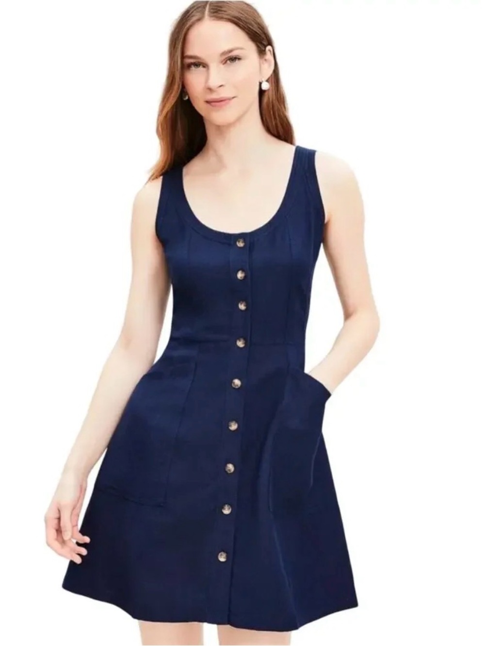 LOFT navy linen-blend scoop-neck button mini dress